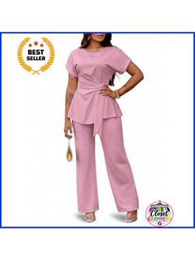 2 Piece Peplum Top and Wide Leg Pant Set Short Sleeve Business Casual Outfit